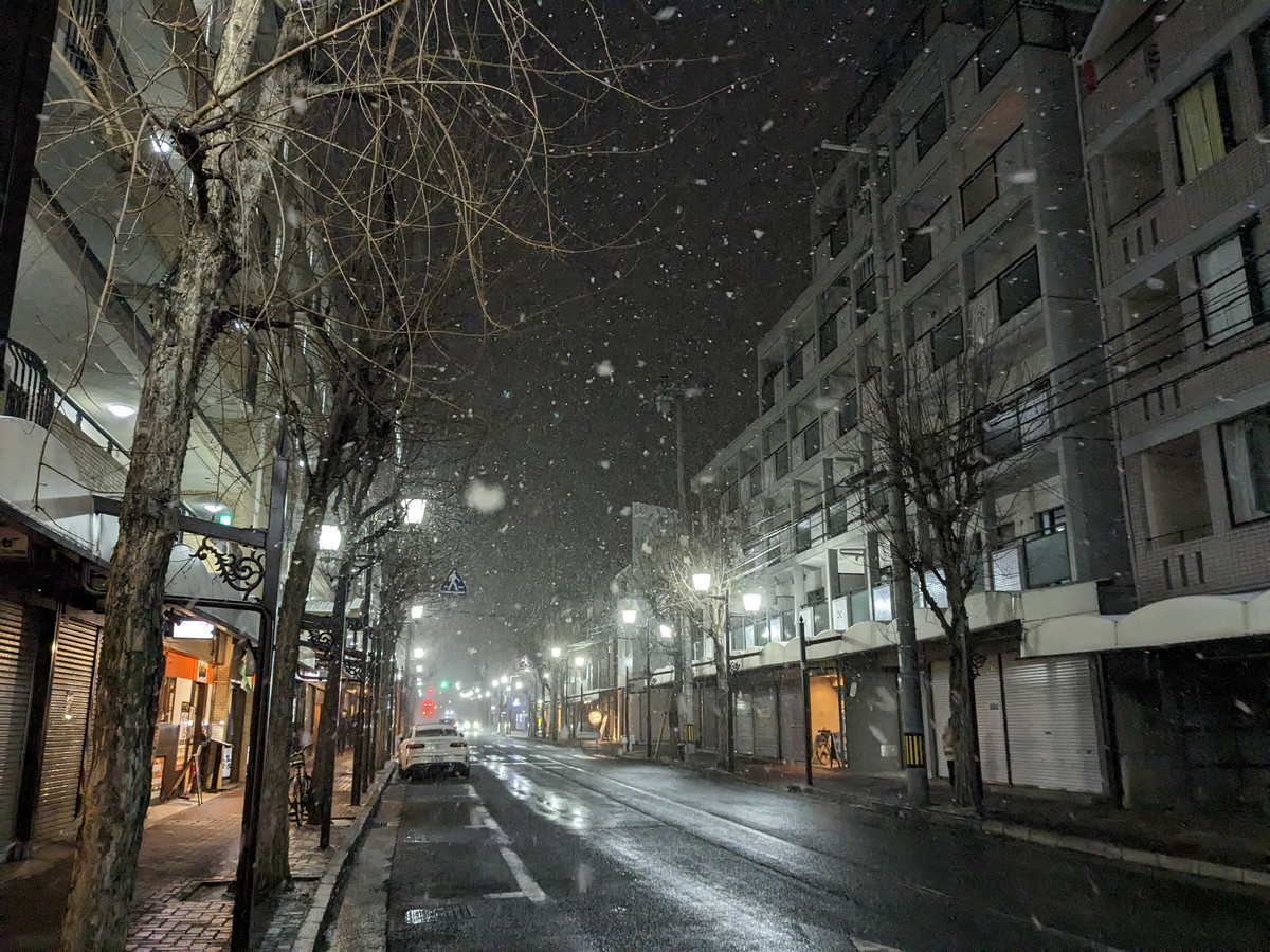 吹雪いている街の写真。