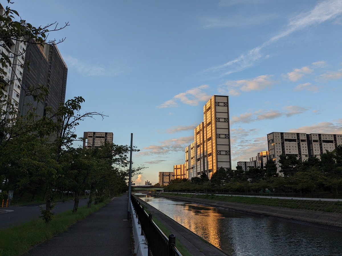 川沿いにある歩道。川の両端には高層住宅があり、対岸の高層住宅が朝日の光でオレンジ色に染まっている。